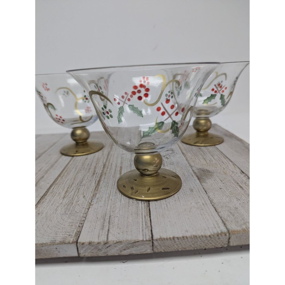 Pfaltzgraff Holiday Gold Hand Painted Glass Pedestal Dessert Bowls Set 4 Box - Picture 4 of 7